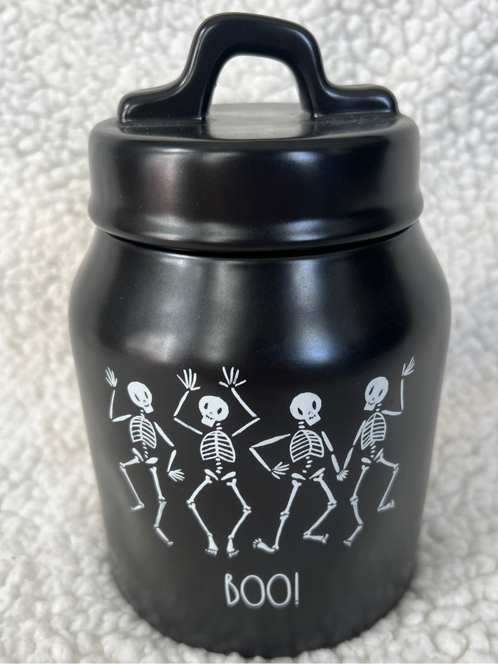 Rae Dunn “Boo” Dancing Skeletons 6" Small Canister w/Lid Halloween Black Ceramic